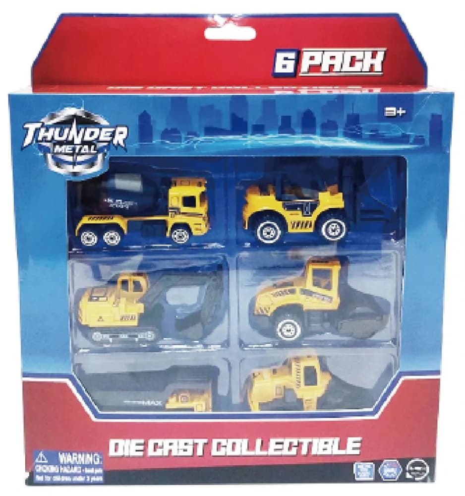 MACHETA DIE CAST, SET 6 UTILAJE, SCARA 1/64, 7.5CM, DIVERSE MODELE SI CULORI- INCARCATOR, COMPACTOR, BULDOZER, BETONIERA, EXCAVATOR SENILE, BASCULANTA- ALB, BLEU,NEGRU SI GALBEN — miniatură