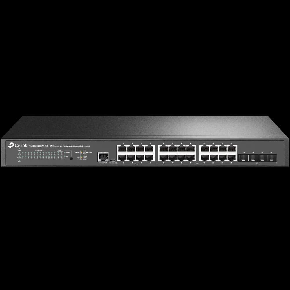 "JetStream™ 24-Port 2.5GBASE-T and 4-Port 10GE SFP+ L2+ Managed Switch with 16-Port PoE+ & 8-Port PoE++ PORT: 24× 2.5G RJ45 Ports (8× 2.5G PoE++ Ports & 16× 2.5G PoE+ Ports), 4× 10G SFP+ Slots, RJ45/Micro-USB Console Port SPEC: 802.3bt/at/af, 500 W PoE Power, 1U 19-inch Rack-mountable Steel Case