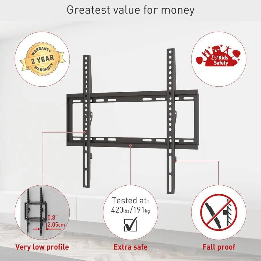 Suport TV de perete Barkan fix, compatiblitate ecran 13-65", greutate maxima suportata 50kg, VESA 75x75~400x400, negru — miniatură