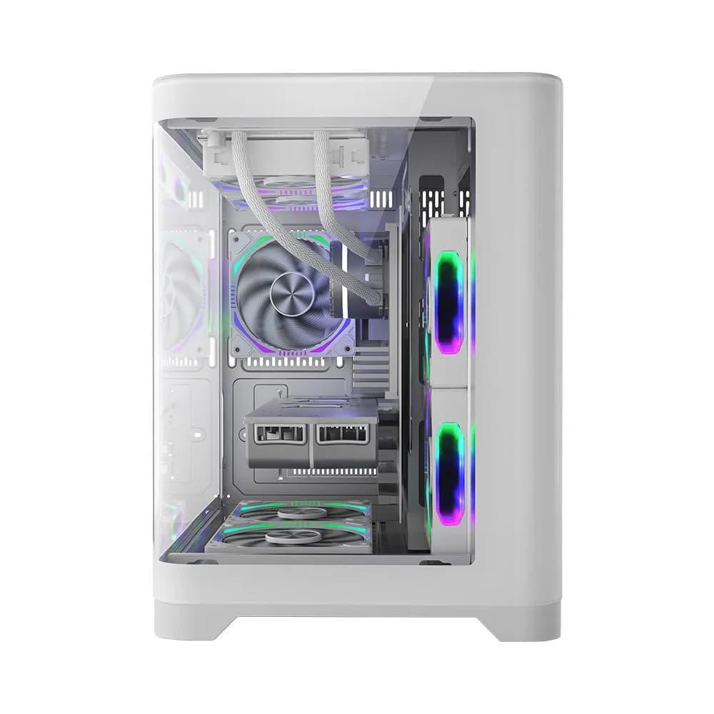 Carcasa 1stPlayer gaming UV5-wh-Hub, 5 ventilatoare aRGB infinity efect plus PWM, telecomanda, Micro-ATX, alb — miniatură