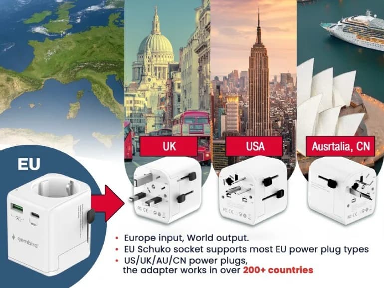 ADAPTOR GEMBIRD, universal, EU la conectori: US/UK/CN/AU, cu impamantare, 1x Schuko, 1x USB Type-C PD 20W, 1x USB-A QC 18W, siguranta 10A, max. 2500W, alb, "TPA-EU1A1C20-01-W" — miniatură