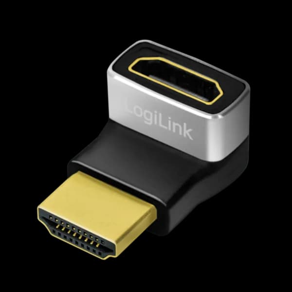ADAPTOR video LOGILINK, HDMI (T) la HDMI (M), conectori auriti, rezolutie maxima 8K (7680 x 4320) la 60 Hz, 270 grade, negru-gri, "AH0007A" — miniatură