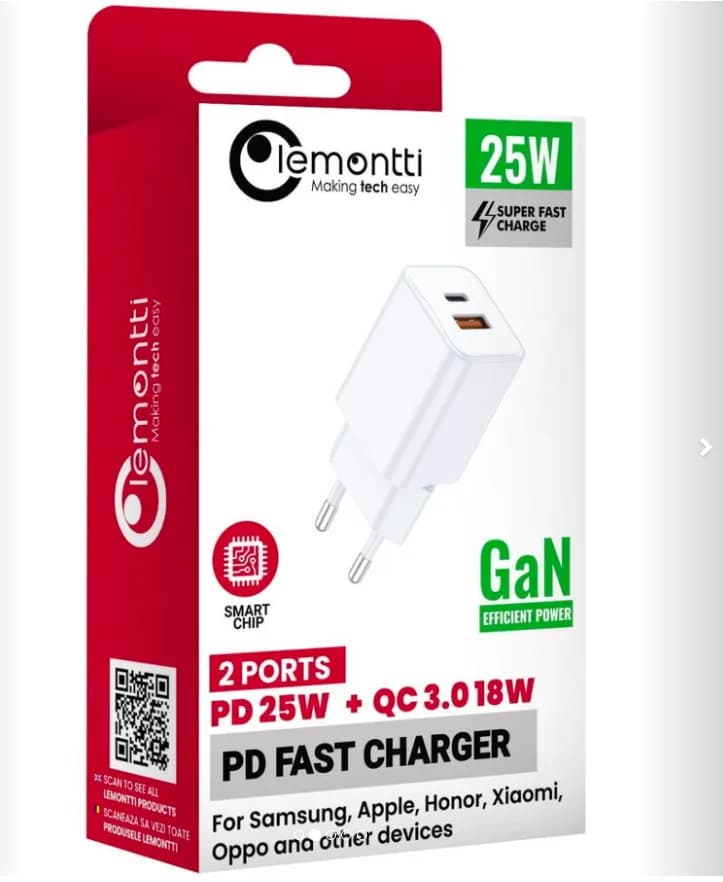 Lemontti Incarcator Retea GaN Dual Port 1x Type-C si 1x USB-A QC 3.0, 25W, Alb — miniatură