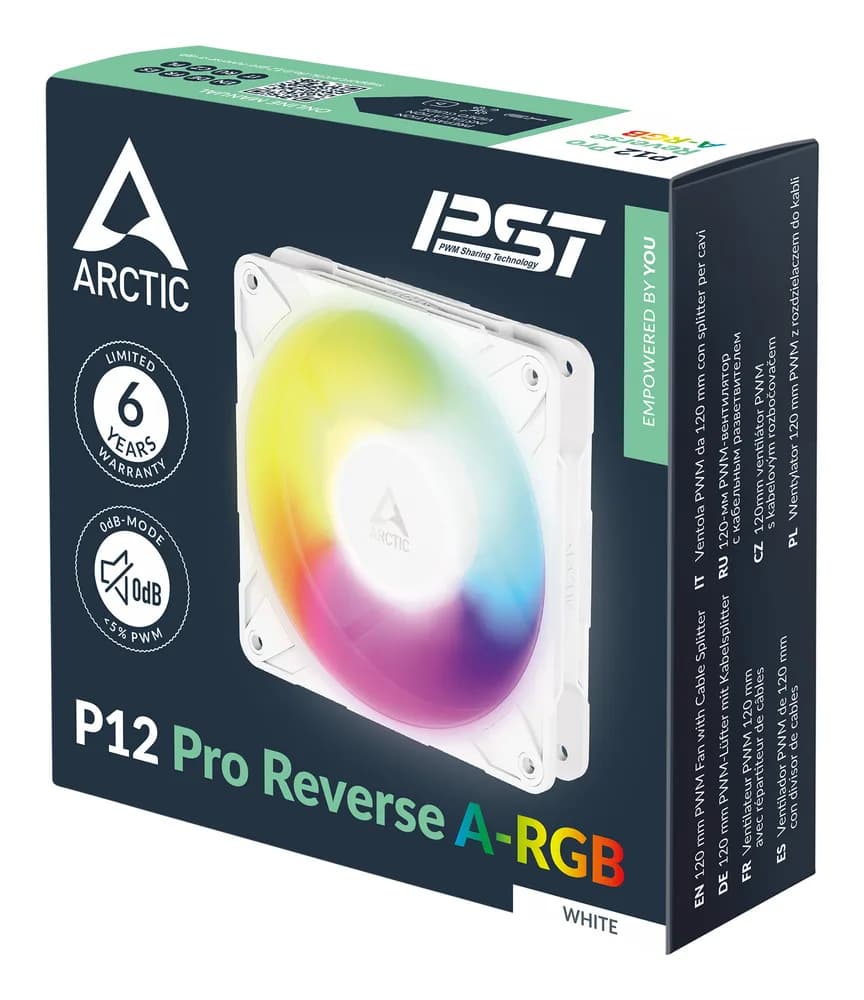 Ventilator Arctic "P12 Pro Reverse A-RGB (White)", 120mm, 500 - 3000 RPM, FDB, 73 cfm, 4-Pin Fan Plug + 4-Pin/3-Pin A-RGB Plug + 3-Pin Socket, alb, "ACFAN00325A" — miniatură