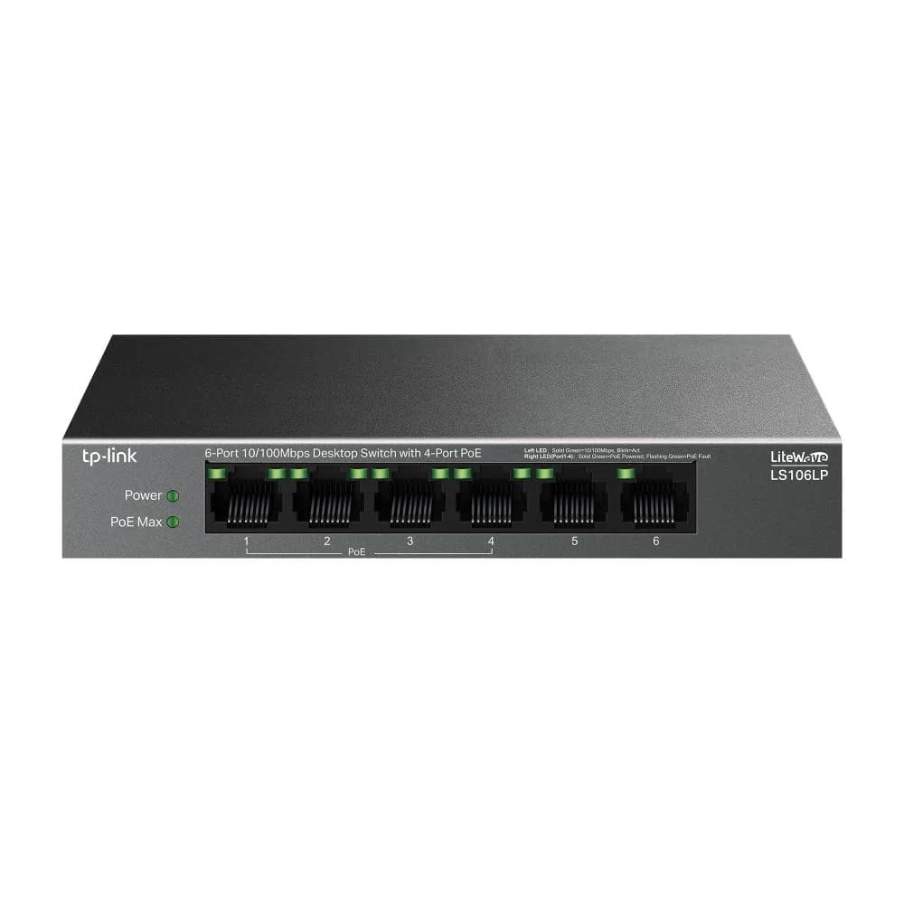 "6-Port 10/100 Mbps Desktop Switch with 4-Port PoE PORT: 4× 10/100 Mbps PoE Ports, 2× 10/100 Mbps Non-PoE Ports SPEC: 802.3af, 41 W PoE Power, Desktop Steel Case FEATURE: Extend Mode for 250m PoE Transmitting, PoE Auto Recovery, Plug and Play" — miniatură
