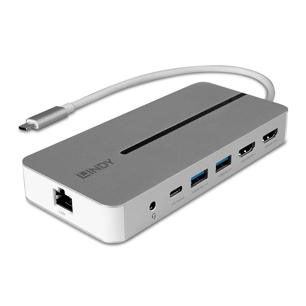 Hub USB LINDY DST-Mx Duo, USB-C, 10 porturi, HDMI, RJ-45, Argintiu — miniatură