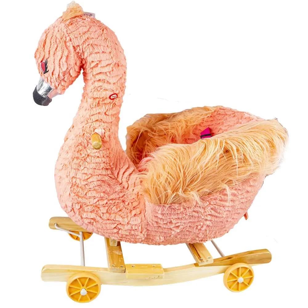 Balansoar pentru bebelusi, Flamingo, lemn + plus, cu rotile, roz, 66 cm — miniatură