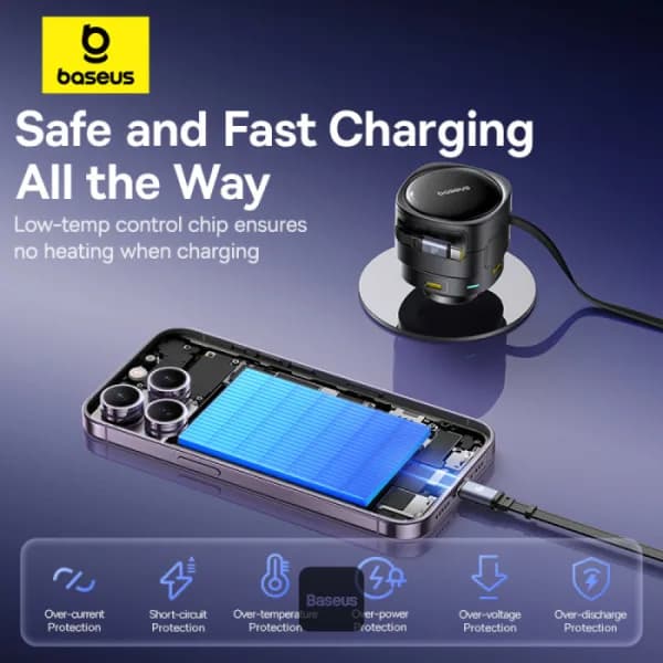 INCARCATOR auto Baseus Enjoyment Max, Quick Charge 90W, 1 x USB, cablu retractabil integrat 2 x USB Type-C, pt. bricheta auto, negru "C00035507121-03" - 6932172682606 — miniatură