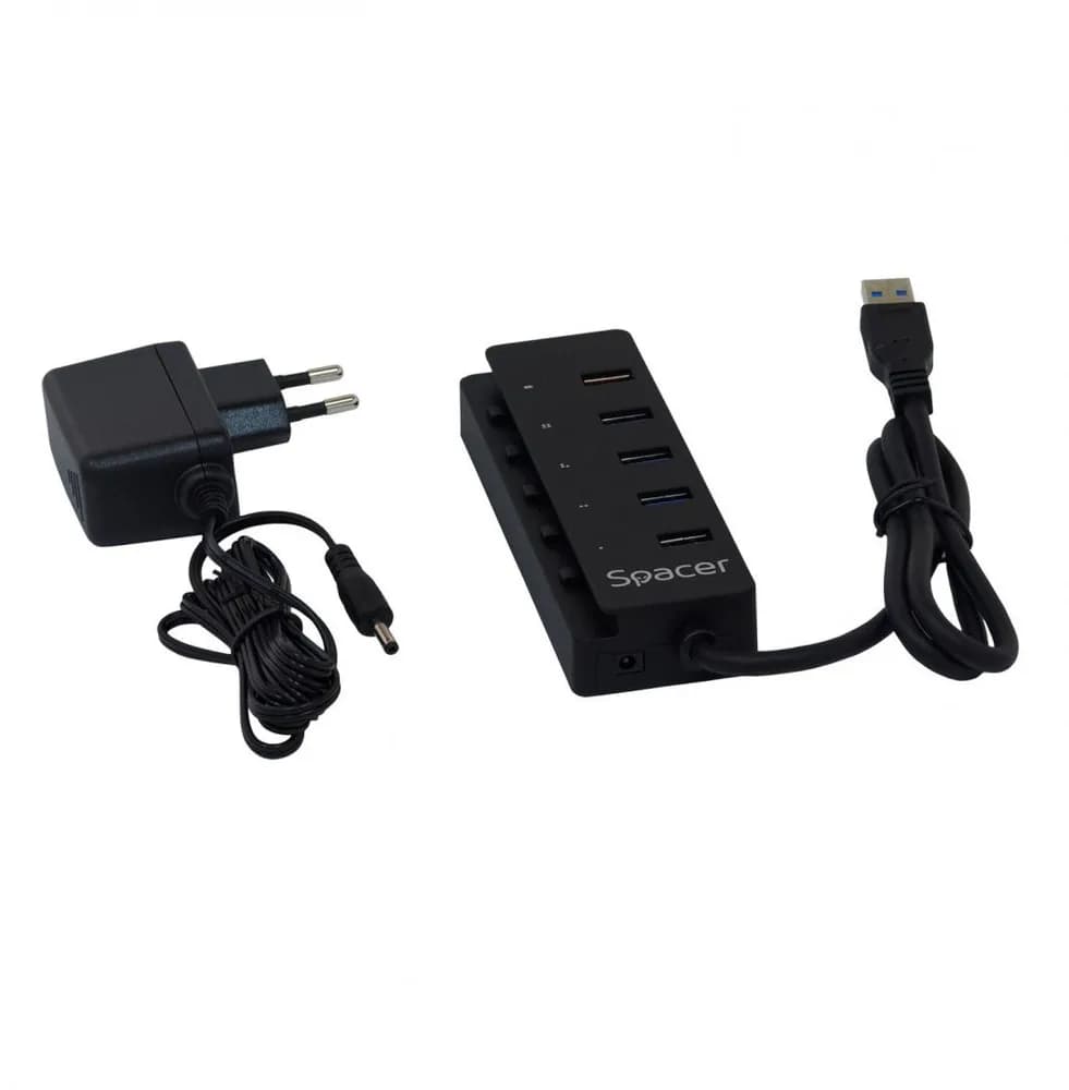 Hub USB SPACER SPH-4USB30-1QC, USB-A, 5 porturi, Negru