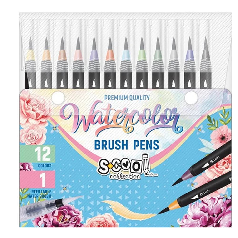 Set markere cu varf tip pensula pe baza de apa + pensula cu rezervor, 12+1 - S-COOL — miniatură