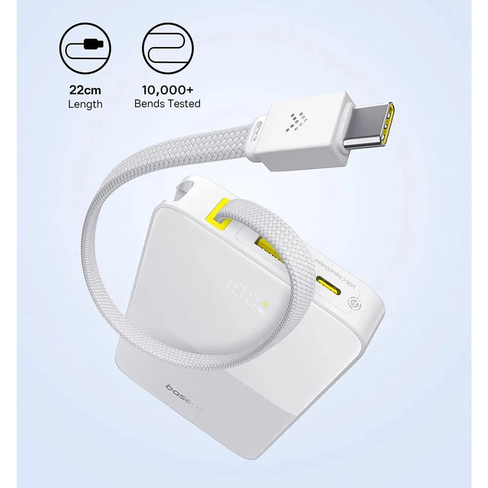 POWER BANK Baseus EnerFill FC51 Bipow2 Pro, 10000mAh, 22.5W, 1 x USB Type-C, 1 x USB, cablu integrat USB Type-C 22cm, alb, "E0027601" - 6932172691868 — miniatură