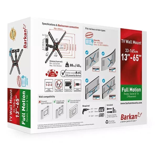 Suport TV de perete, Barkan BM331, Fix, 13"- 65", VESA 400 x 400 mm, suporta pana la 40kg, negru — miniatură