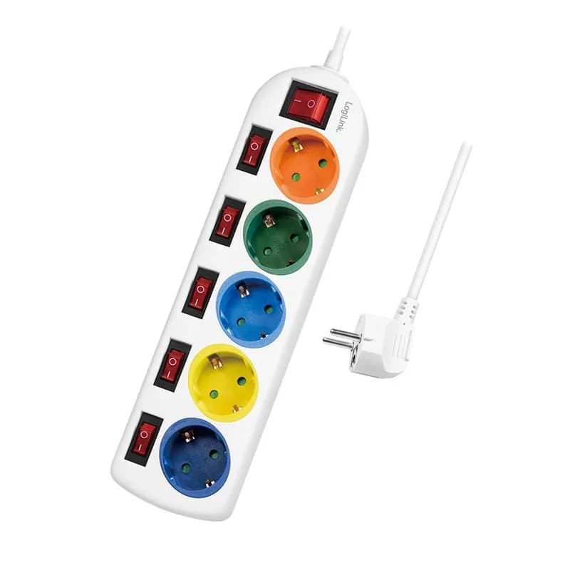 PRELUNGITOR LOGILINK, Schuko x 5, conectare prin Schuko (T), cablu 1.5 m, 16 A, protectie copii, alb/ multicolor, "LPS258"