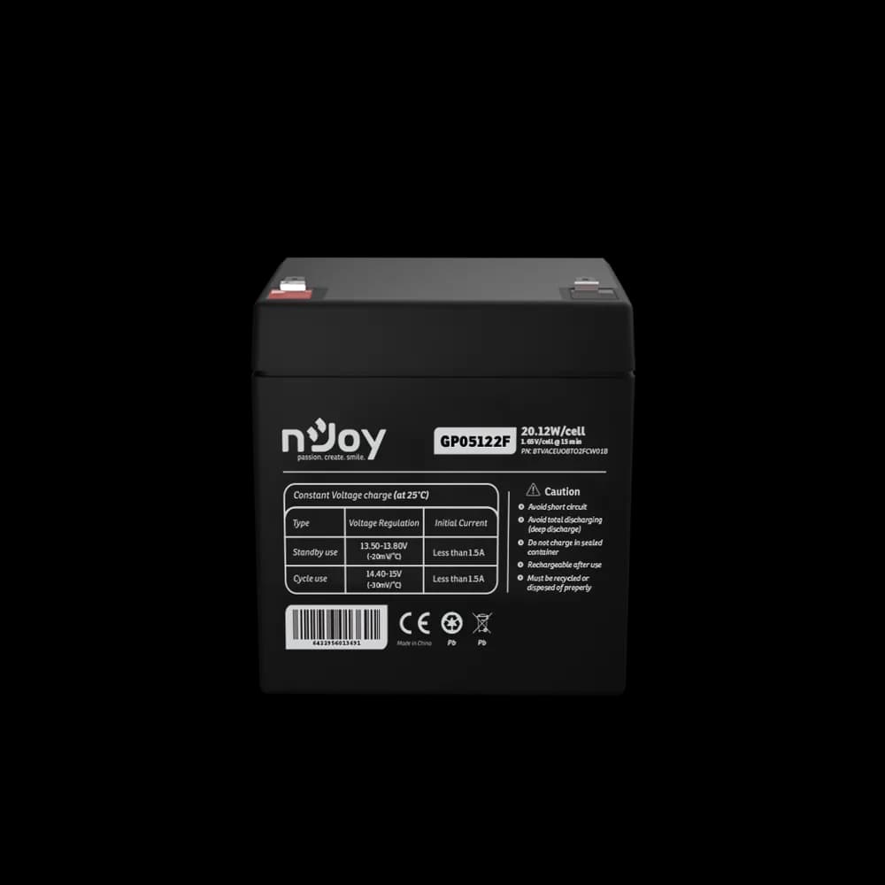 Acumulator nJoy GP05122F 12V 23.51W/cell Battery Model GP07122F Voltage 12V Power (1,65V/cell@15 min) 23.51W/cell Type VRLA - maintanance free Designed Floating Life 3~5 years Nominal Operating Temp. Range 25o C ± 3o C Terminal F2 terminal -Faston Tab 250 Construction Container & Cover ABS Safety