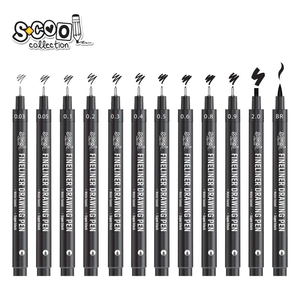 Fineliner, diferite dimensiuni 0.03-2 mm + varf tip pensula, 12 buc/set - S-COOL — miniatură