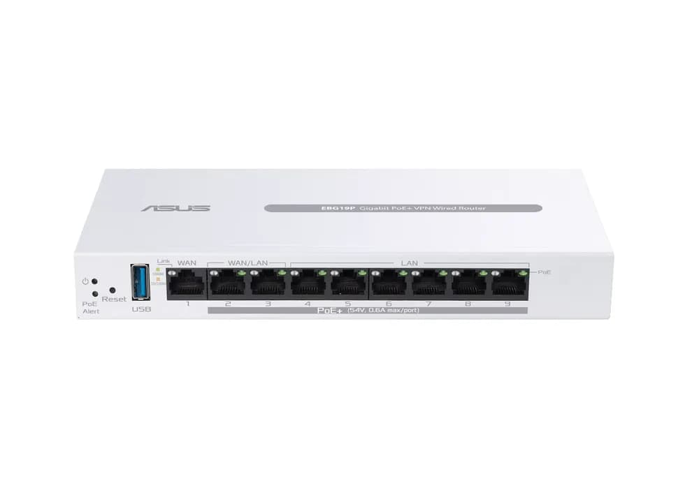 ASUS WIRED ROUTER 8 porturi POE EBG19P, Standarde wireless: Bluetooth® 3.0, Bluetooth® 3.2, IEEE 802.1p, IEEE 802.1q, IEEE 802.3, IEEE 802.3ab, IEEE 802.3i, IEEE 802.3u, IEEE 802.3x, IPv4, IPv6, 1 x antena interna Bluetooth, Procesor: 1.8GHz Dual-core ARMv8, Memorie: 256 MB Flash, 512 MB RAM — miniatură