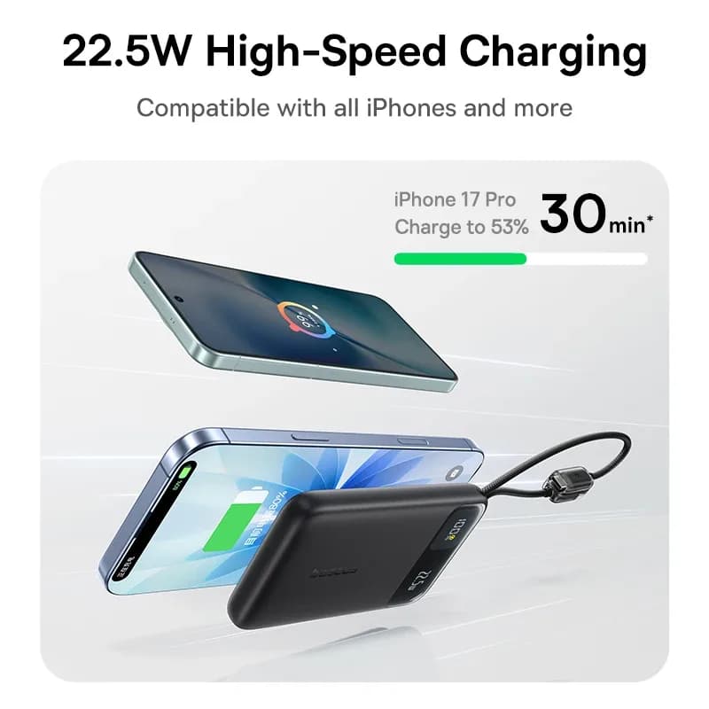 POWER BANK Baseus EnerFill FC11, 10000mAh, cablu integrat USB Type-C si Iphone Lightning, 22.5W, display, negru, "E0027R04" - 6932172699840 — miniatură