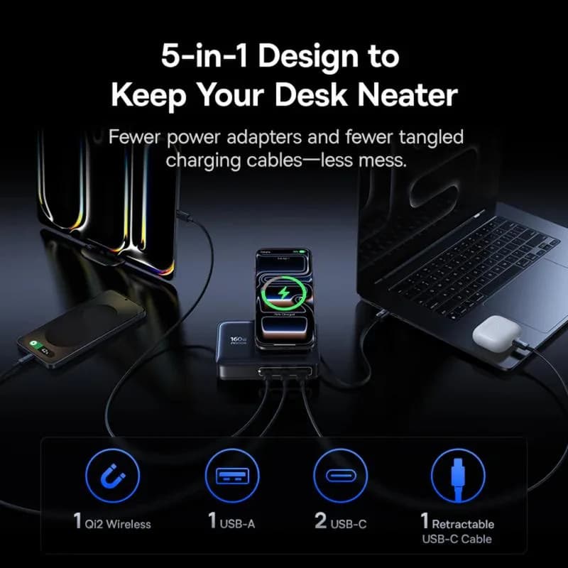 INCARCATOR retea Baseus Nomos NH21 5-in-1, 160W, Qi2 Wireless, 1 x USB, 3 x USB Type-C, cablu retractabil USB Type-C, negru "E0121700" (include TV 0.18lei) - 6953156211834 — miniatură