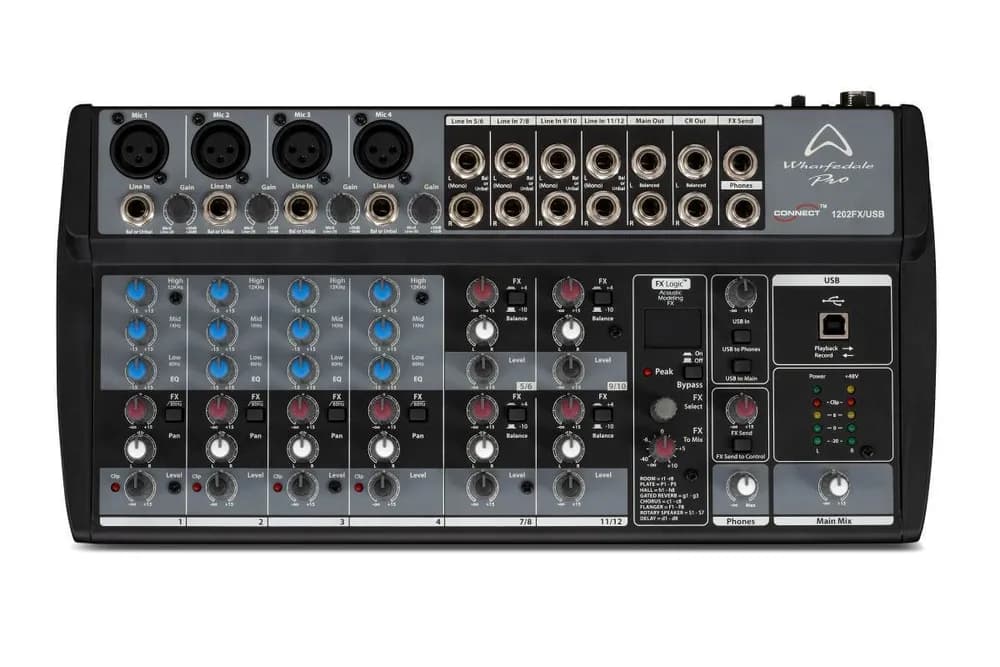 Mixer audio cu 12 canale Wharfedale Pro Connect 1202FX USB, interfața USB 16 biți / 48kHz