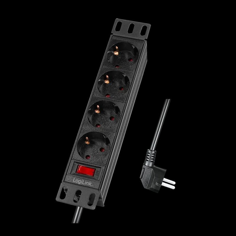 PDU LOGILINK 1U pt. rack 10 inch, 4 prize Schuko, intrare Schuko, max 16 A, ON/OFF, IP20, 2 m, negru, "PDU4B01" — miniatură