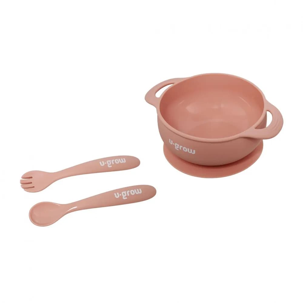 Set bol cu lingurita si furculita silicon, roz, U-Grow — miniatură