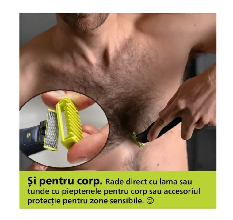 Aparat de ras (0,2mm) si tuns (0,4-10mm) PHILIPS OneBlade Pro QP6542/15, Fata&corp, pieptene cu 14 setari de lungime (0,4-10 mm), 2 accesorii pentru utilizare pe corp, 2 lame 360, 90 min (Li-ion), cablu de alimentare USB-A, fara adaptor pentru priza — miniatură