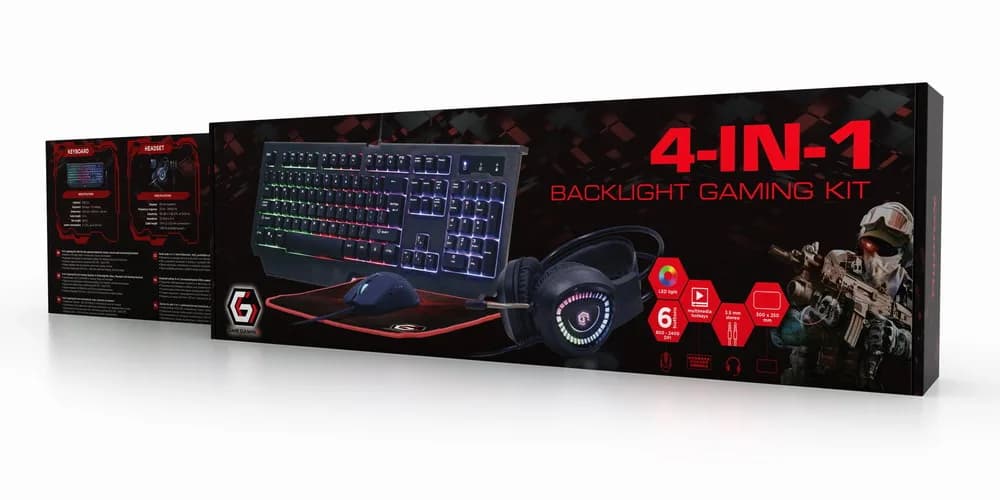 KIT 4-in-1 GEMBIRD, gaming, cu fir, tastatura 104 taste + mouse 1600dpi 6 butoane + casti cu mic 2x3.5" + pad 300x250mm, backlight, USB, black "Phantom" "GGS-UMGL4-01" — miniatură