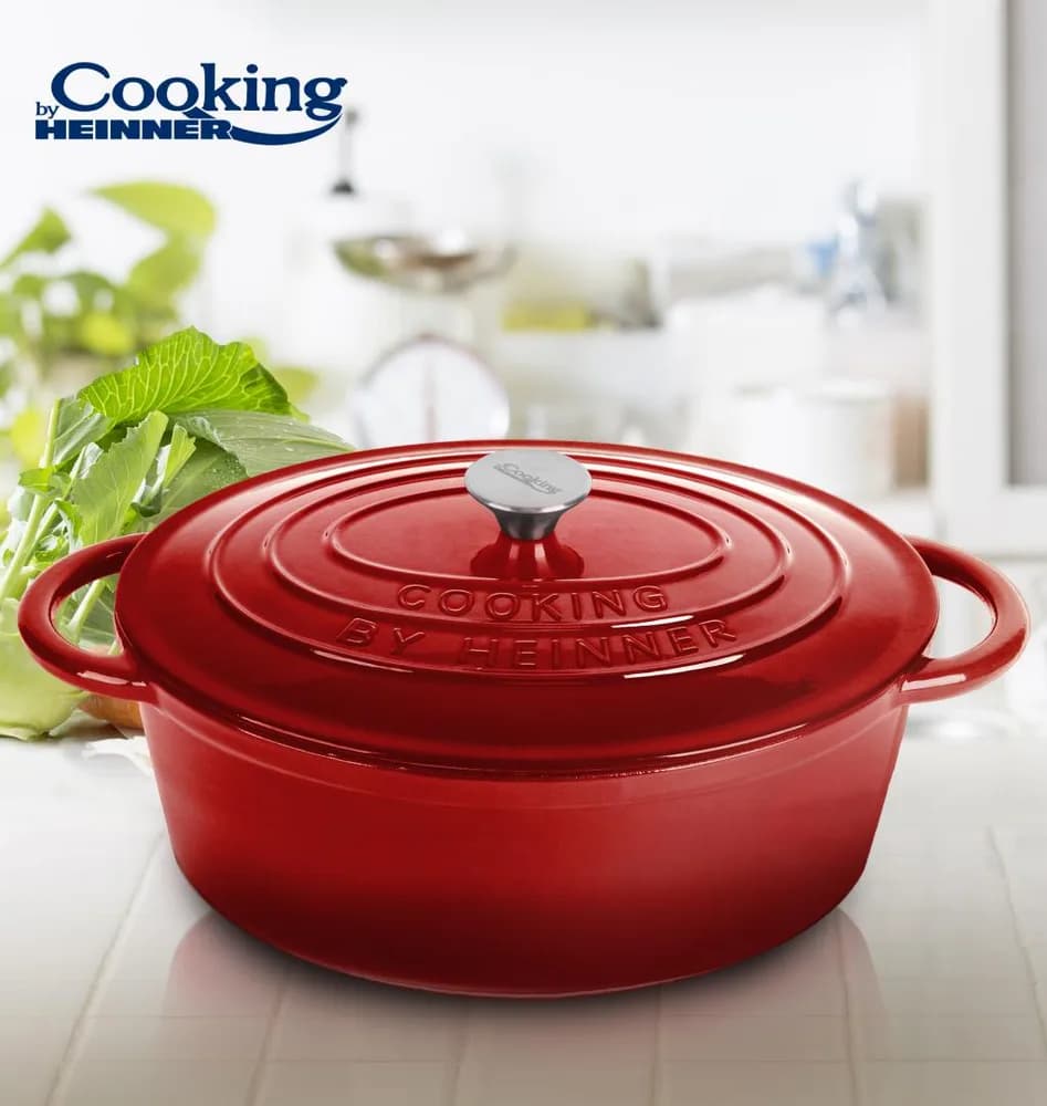 SEMIOALA FONTA EMAILATA OVALA+CAPAC 33.5x26X12 CM, 6L, RED LINE, COOKING BY HEINNER — miniatură
