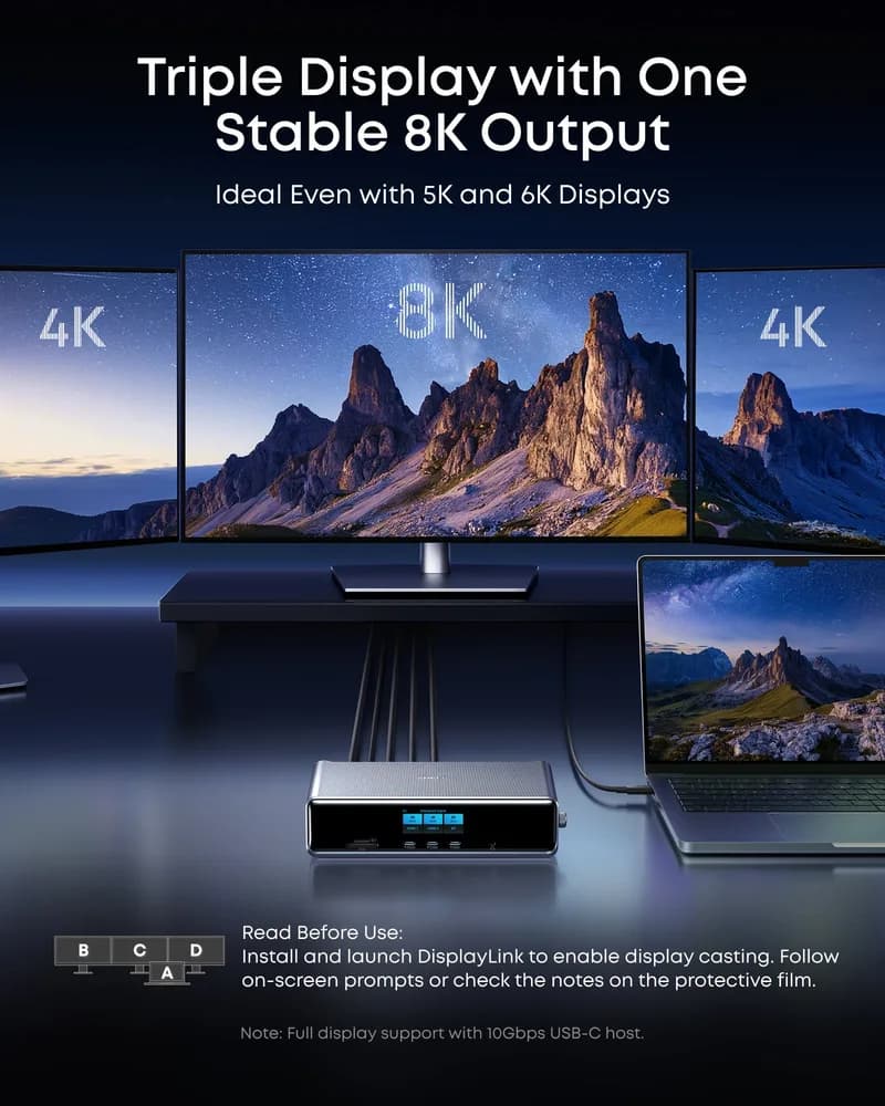 DOCKING Station Anker Prime 14-in-1, porturi: 3 x USB-C, 3 x USB-A, 2xHDMI, 1xDisplay port, RJ-45 2.5Gbps, SD,TF, afisaj digital, PD 140W, conectare prin USB-C, retea, gri, "A83B33A1" ( - 0194644291846 — miniatură