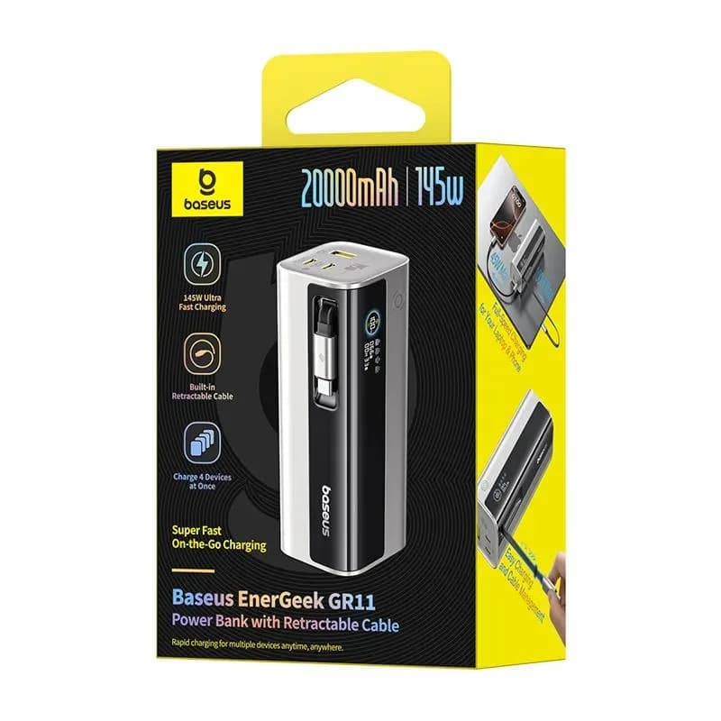 POWER BANK Baseus EnerGeek GR11, 20000mAh, 145W, 2 x USB Type-C, 1 x USB, cablu integrat USB Type-C, display, argintiu, "E0027B02" - 6932172691738 — miniatură