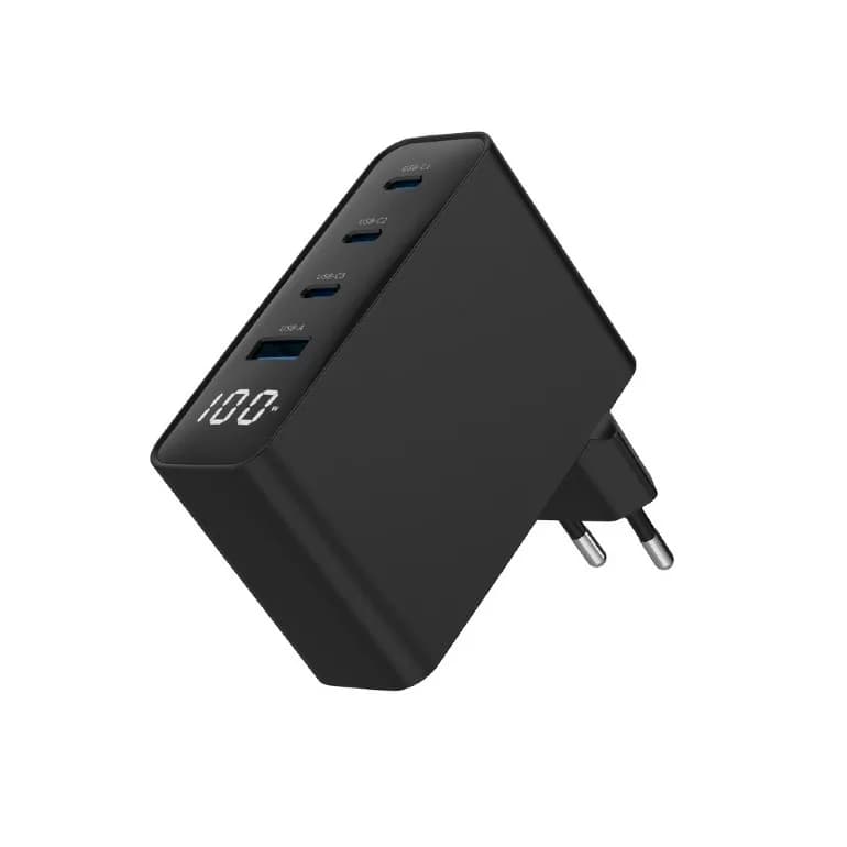 ALIMENTATOR retea 220V GEMBIRD, universal, 1 x USB-A QC3.0 + 3 x USB-C 3A, max. 100W PD GaN, LCD, protectie: scurtcircuit, supraincarcare, supratensiune, supraincalzire, negru, "TA-UC-PDQC100LCD-01-BK" — miniatură