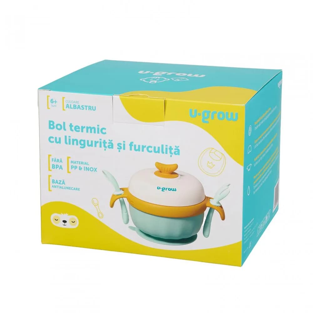 Bol termic, lingurita si furculita, baza antialunecare, blue, U-Grow — miniatură