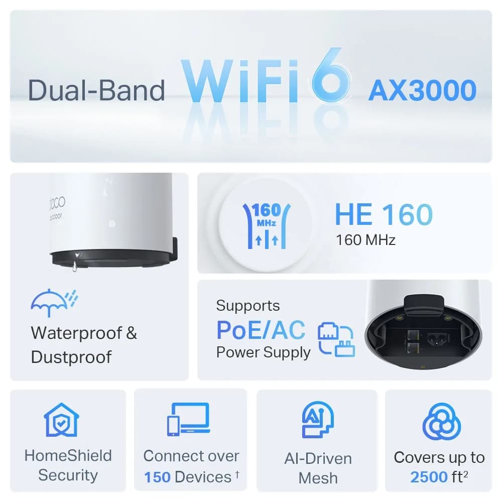 MESH TP-LINK, wireless, router AX3000, pt extr, 3000Mbps, port LAN si WAN Gigabit, 2.4 GHz 5 GHz, antena internax2, suport PoE, standard 802.11ax "Deco X50-Outdoor(1-pack)" — miniatură