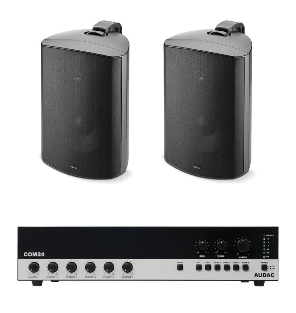 Pachet Sonorizare Terasa 240W pe 100V cu amplif. AUDAC COM24MK2 si 2x boxe Focal 100 OD8-T negru - TG26