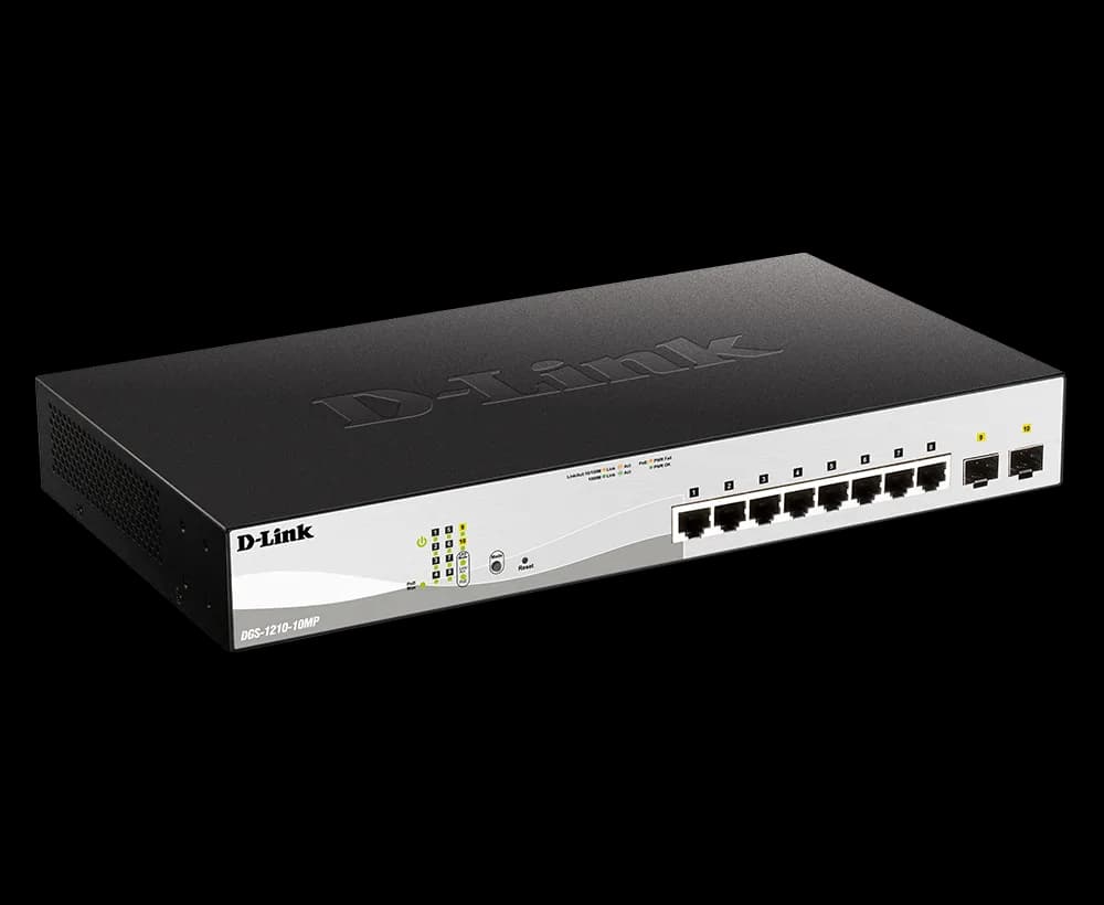 D-Link Switch 10 porturi POE smart maaged DGS-1210-10MP, Interfata: 8 x 10/100/1000Mbps, 2 x100/1000 SFP, Capacitate switch: 20 Gbps, Memorie: 128Mb DDR3, Flash 32Mb, Auto MDI/MDIX, Buget POE: 130W, Dimensiuni: 330 x 180 x 44 mm, Greutate: 1.77kg. — miniatură