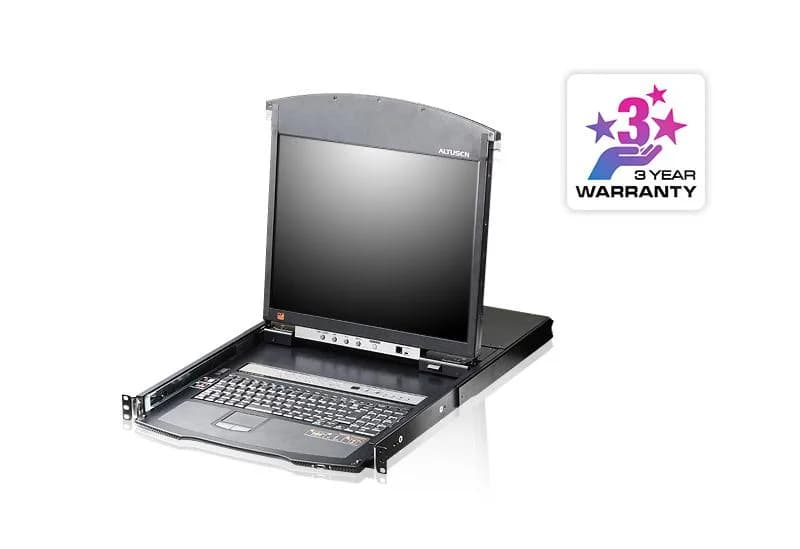 KVM-LCD Aten KL1508AIN-AXA-XG. Diagonala afișajului: 48,3 cm (19"), Ecran: LCD. Tastatură de tip port: USB, PS/2, Mouse tip de port: USB, PS/2, Video Type portul: VGA. Limbă tastatură: Engleză SUA, Schemei de tastatură: QWERTY. Consum de energie (tipic): 27,5 W, Curent de intrare: 1 A. Lățime: 480