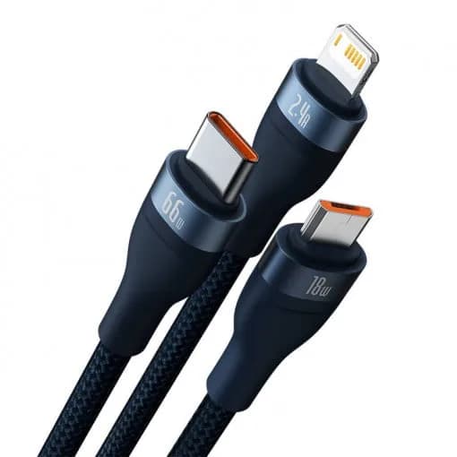 CABLU alimentare si date Baseus Flash Series II One-for-three, pt. smartphone, USB si USB Type-C la Micro-USB+Lightning+USB Type-C 66W, 1.2m, albastru "CASS040003" - 6932172618117 — miniatură