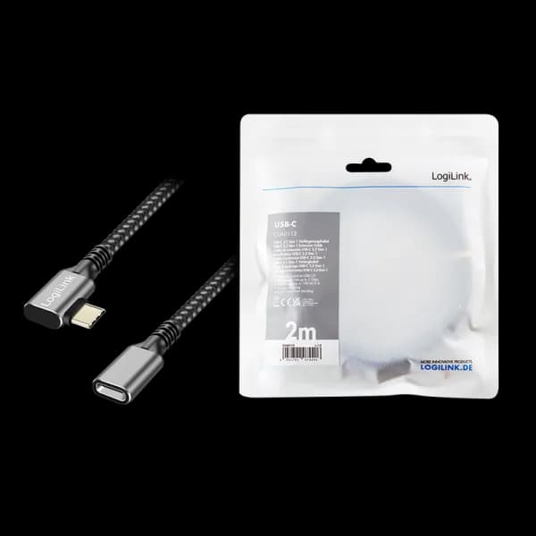 CABLU alimentare si date LOGILINK, pt. smartphone, USB 3.2, USB Gen Type-C (T) la USB Type-C (M) la 90 grade, 2m, PD 100W, 2 x ecranat, aluminiu, braiding, negru&gri, "CUA0112" — miniatură