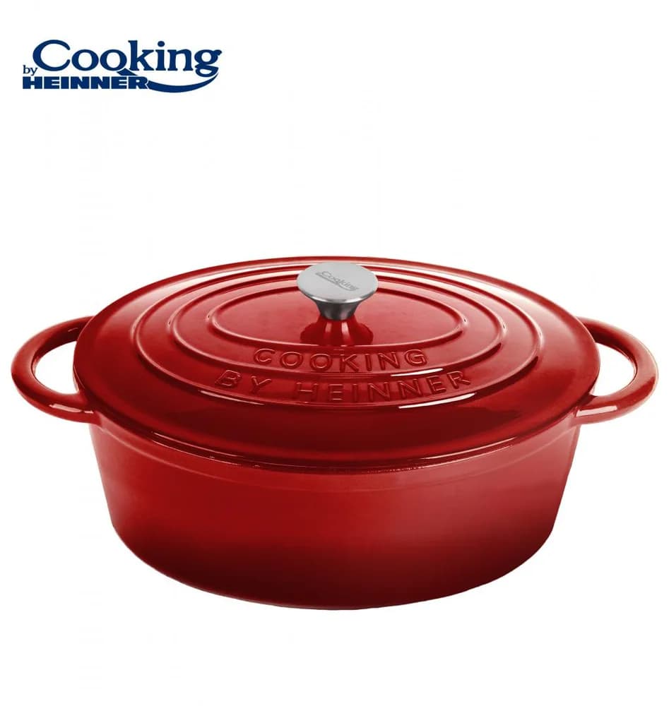 SEMIOALA FONTA EMAILATA OVALA+CAPAC 33.5x26X12 CM, 6L, RED LINE, COOKING BY HEINNER