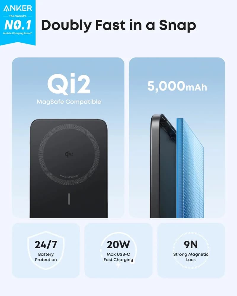 POWER BANK Anker "Nano" 5.000 mAh, 15W MagGo, slim, magnetic, wireless, 1 x USB-C incarcare, 122g, negru, "A1665H11" - 194644235475 — miniatură