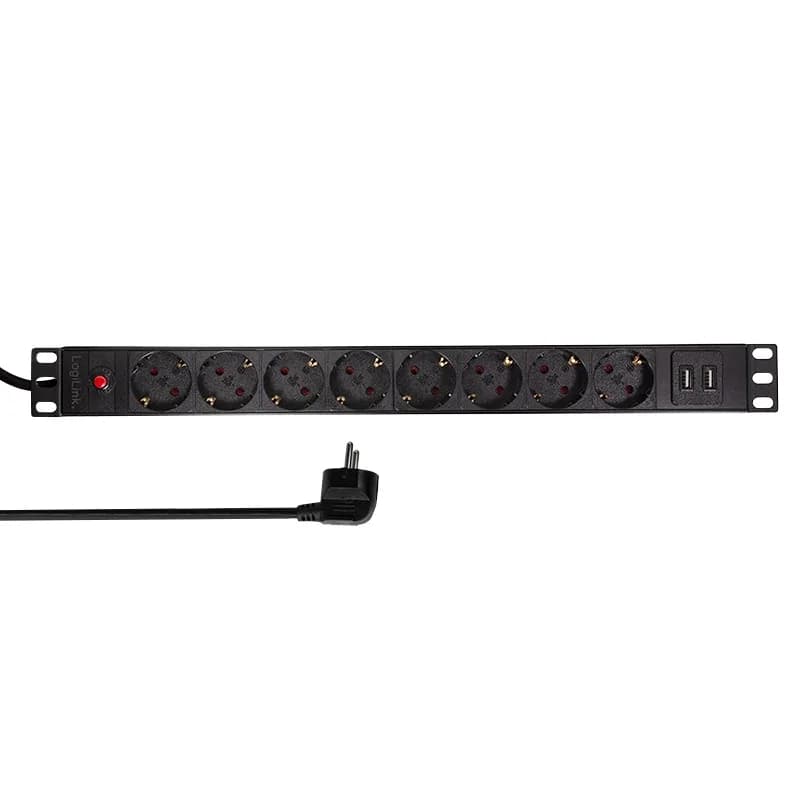 PDU LOGILINK 1U pt. rack 19 inch, 8 prize Schuko, intrare Schuko, max 16 A, on/off, protectie la supratensiune, 2 x USB 2.1A, 2 m, "PDU8C02"