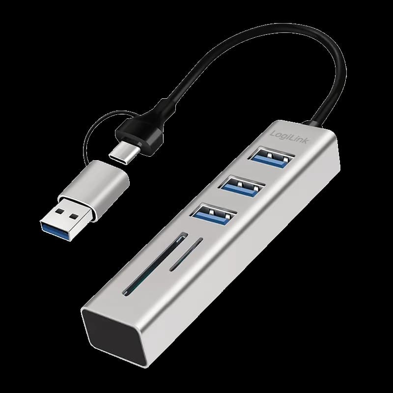 HUB extern LOGILINK, porturi USB: USB 3.0 x 3, conectare prin USB-C 3.0, adaptor conectare USB-A, SD/SDHC + microSD, metal, argintiu, "UA0445" — miniatură