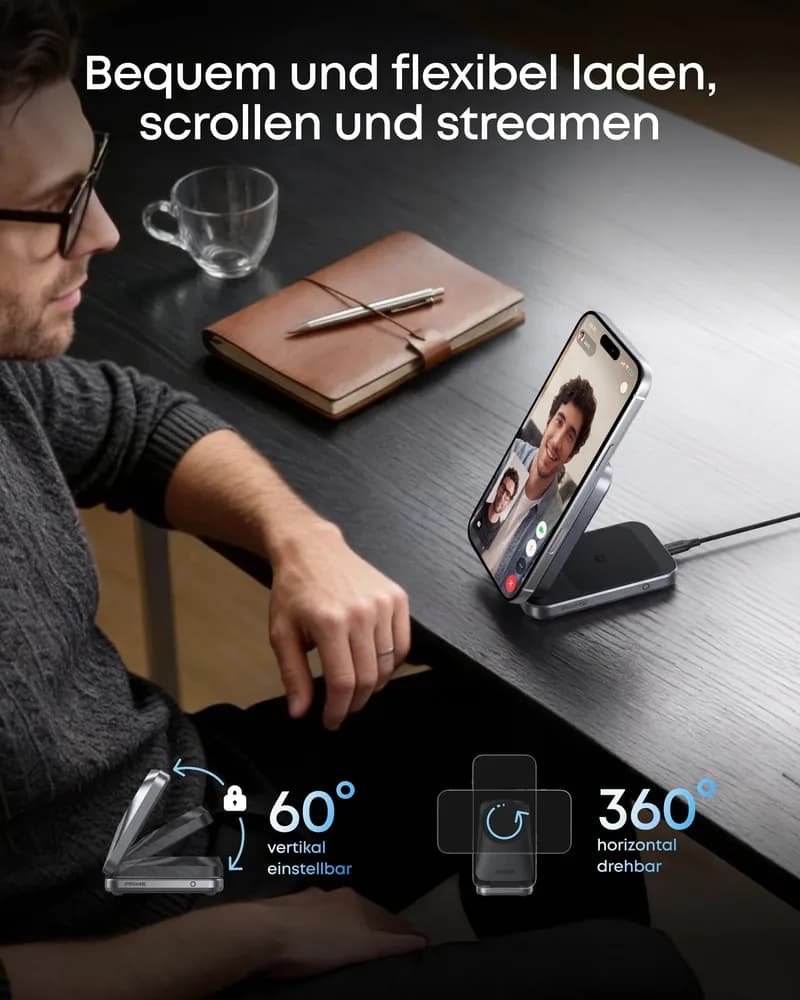 Statie de incarcare wireless 3 in 1 Anker, Prime, 45W, portabil, pliabil, fast charge, pentru iPhone seriile 12-17, Apple Watch, AirPods,exceptie iPhone 17 Air, 1 x USB-C incarcare, gri, "B25N1G11" - 0194644321809 — miniatură