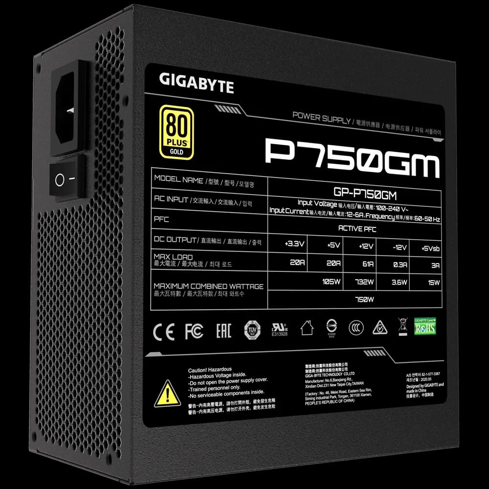 SURSA SURSA GIGABYTE, 750 W, modulara, ATX 12V 2.31, fan 120 mm x 1, 80 Plus Gold, "GP-P750GM" — miniatură
