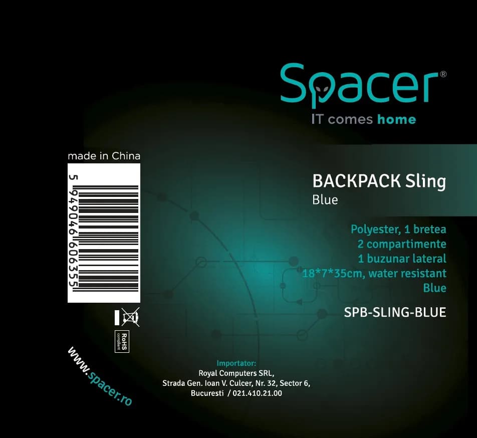 RUCSAC SPACER Sling, nylon,1 bretea, 2 compartimente principale,1 buzunar frontal,1 buzunar lateral, 35x18x7cm, water resistant, blue, "SPB-SLING-BLUE" — miniatură