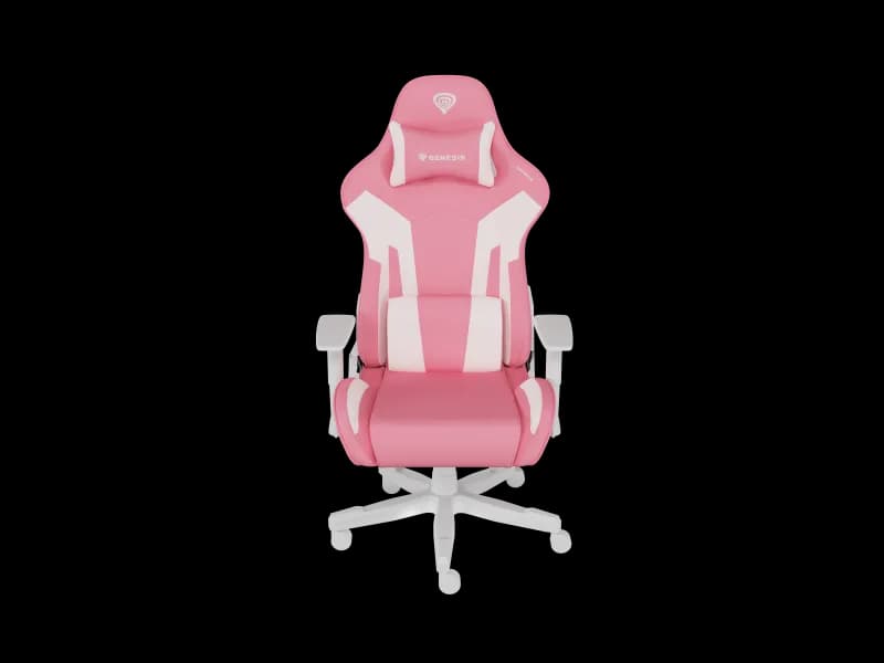Scaun gaming Genesis Nitro 710, material piele ecologica, reglabil pe inaltime, greutate maxima suportata 150 kg, inaltime scaun reglabil 47.5 - 54.5 cm, spatar ajustabil 135°, dimensiuni roti 60mm, echipat cu piston cu gaz clasa 4, manere 2D, roz/alb
