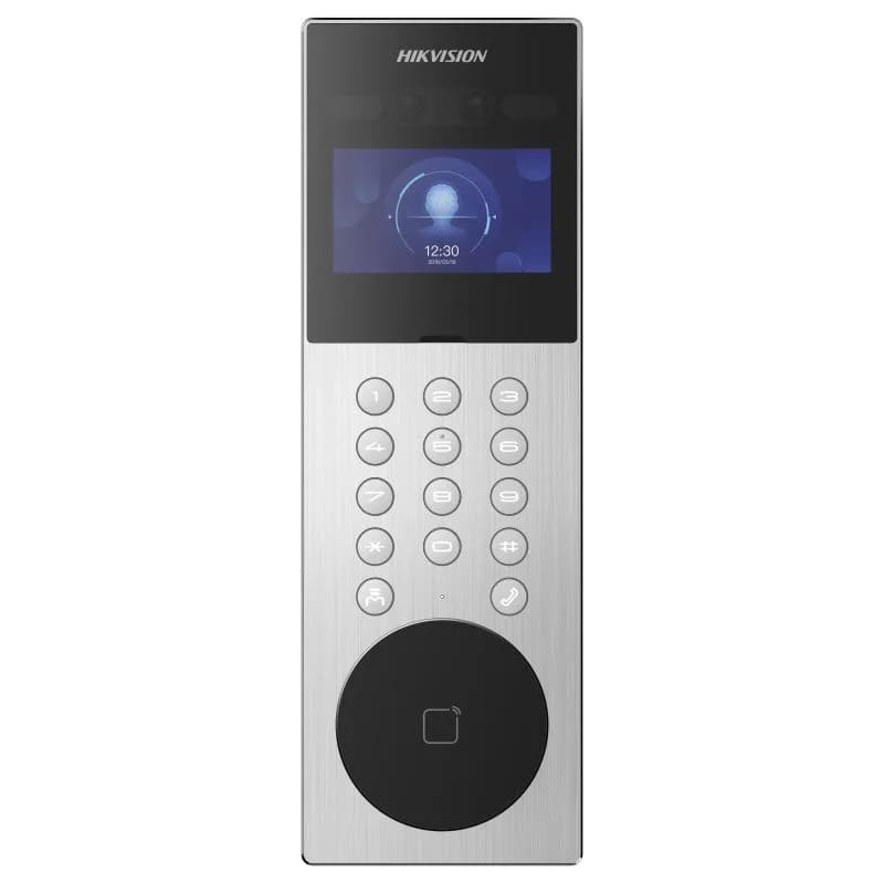 Post exterior videointerfon IP Hikvision DS-KD9203-ME6, recunoastere faciala, pin, card, 10000 de utilizatori, ecran LCD 800 × 480px, IP65, instalare aparenta, alimentare: 12 VDC, 1.5 A, dimensiuni: 373 mm × 124 mm × 43.7 mm, greutate: 0.405kg, temperatura de functionare: -30 °C to 60 °C.