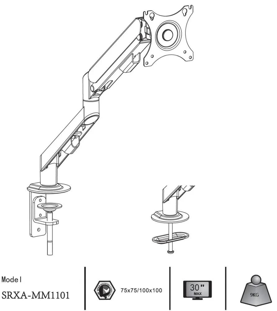 Suport monitor Serioux MM1101, tip: arc cu gaz, reglarea poziției unghiului de înclinare: -45 / + 90 °, pivotant: 180 °, rotatie pentru ambele brate: 360 °, VESA: 75x75mm & 100x100mm, greutate maxima suportata: 9 kg, compatibilitate: 10"-30" — miniatură
