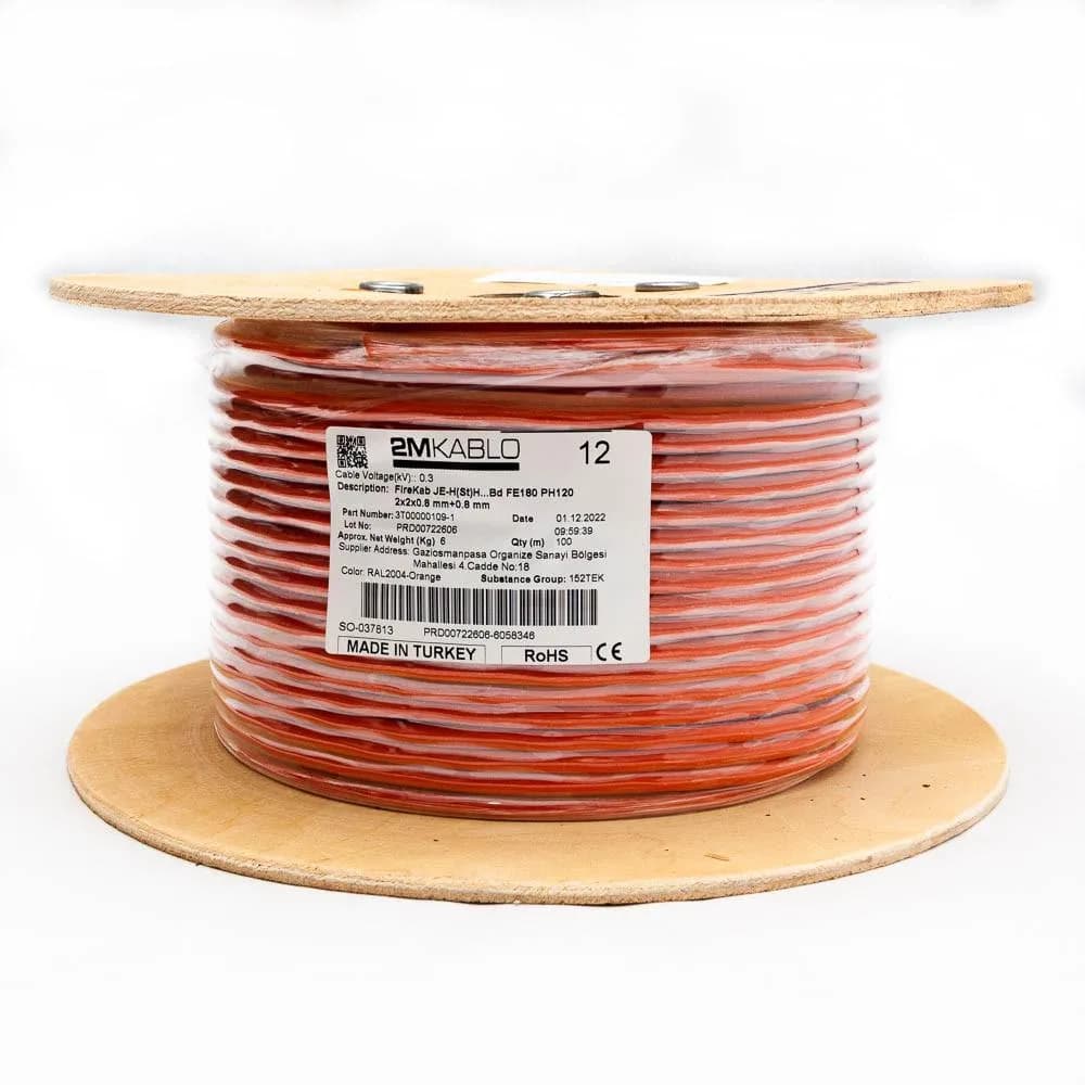 "Cablu incendiu JEH(St)H...Bd FE180 PH120 2x2x0.8 mm+0.8, rezistenta la foc 120 minute, compatibilitate E30/E90producator 2M Kablo, 3T00000109-100Diametru fir: 0.8mmConductor: perechi torsadate cu protectie din fibra de sticla, cupru 100%Culori fire: conform -VDE0815Manta: Halogen free, si