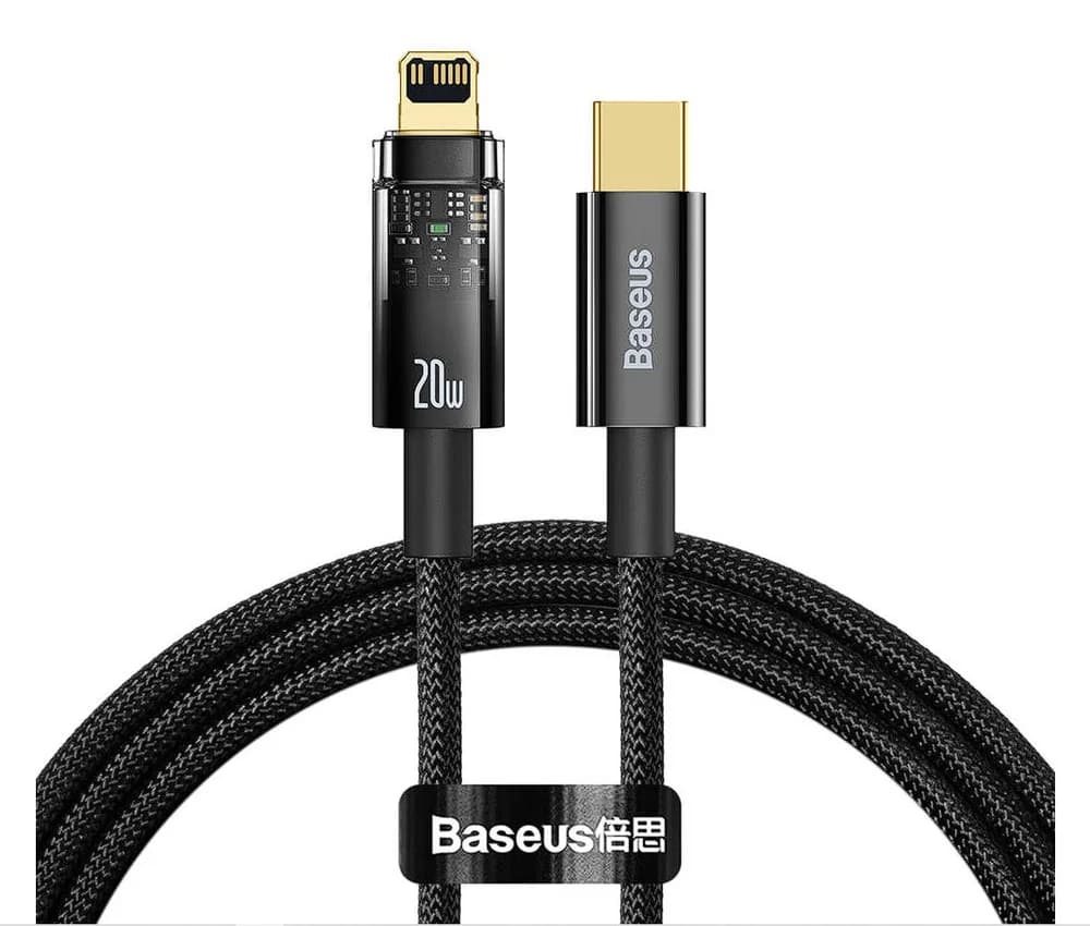 CABLU alimentare si date Baseus Explorer, Fast Charging Data Cable pt. smartphone, USB Type-C la Lightning 20W, 2m,Auto Power-Off,negru transparent "CATS000101" -6932172605681